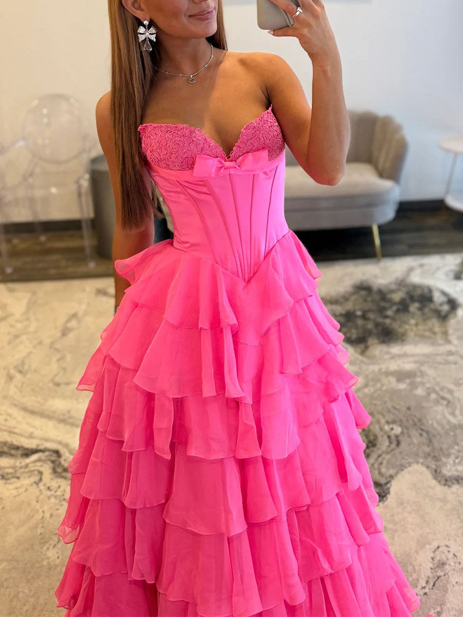 Strapless Sweetheart Lace Embroidery Boned Tiered Long Prom Dress