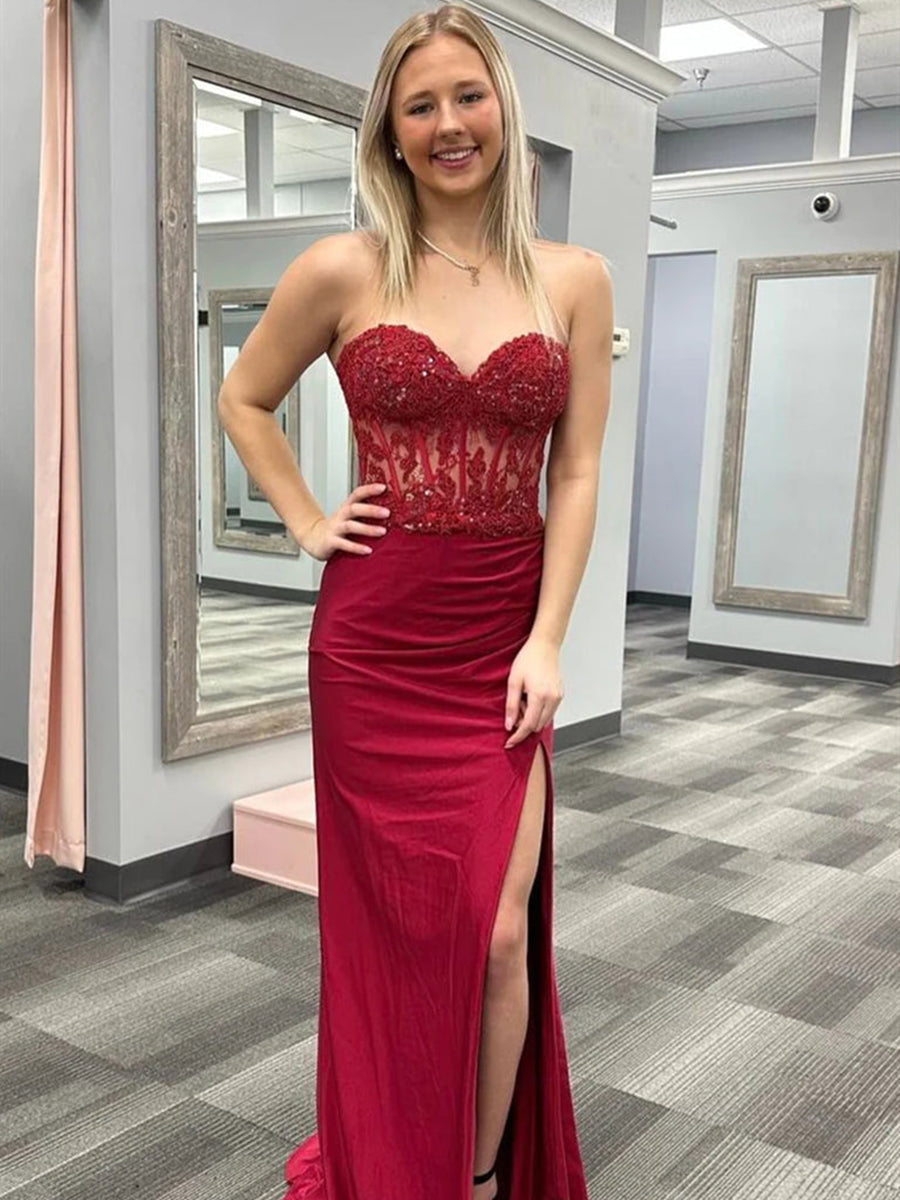 Strapless Sweetheart Mermaid Appliques Strapless Long Prom Dress