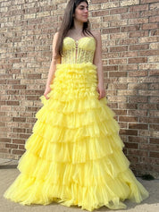 Strapless Sweetheart Tiered Tulle Long Prom Dress with Appliques