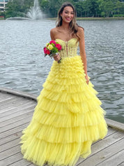 Strapless Sweetheart Tiered Tulle Long Prom Dress with Appliques