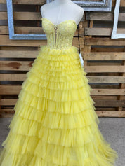 Strapless Sweetheart Tiered Tulle Long Prom Dress with Appliques