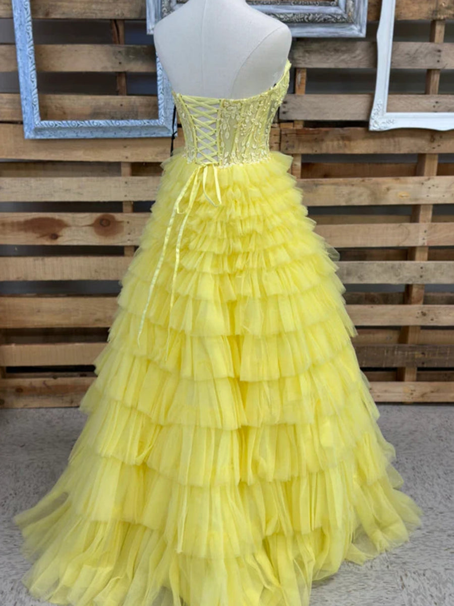 Strapless Sweetheart Tiered Tulle Long Prom Dress with Appliques