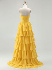 Strapless Tiered Ruffle Corset Prom Dress with Beaded Fringe