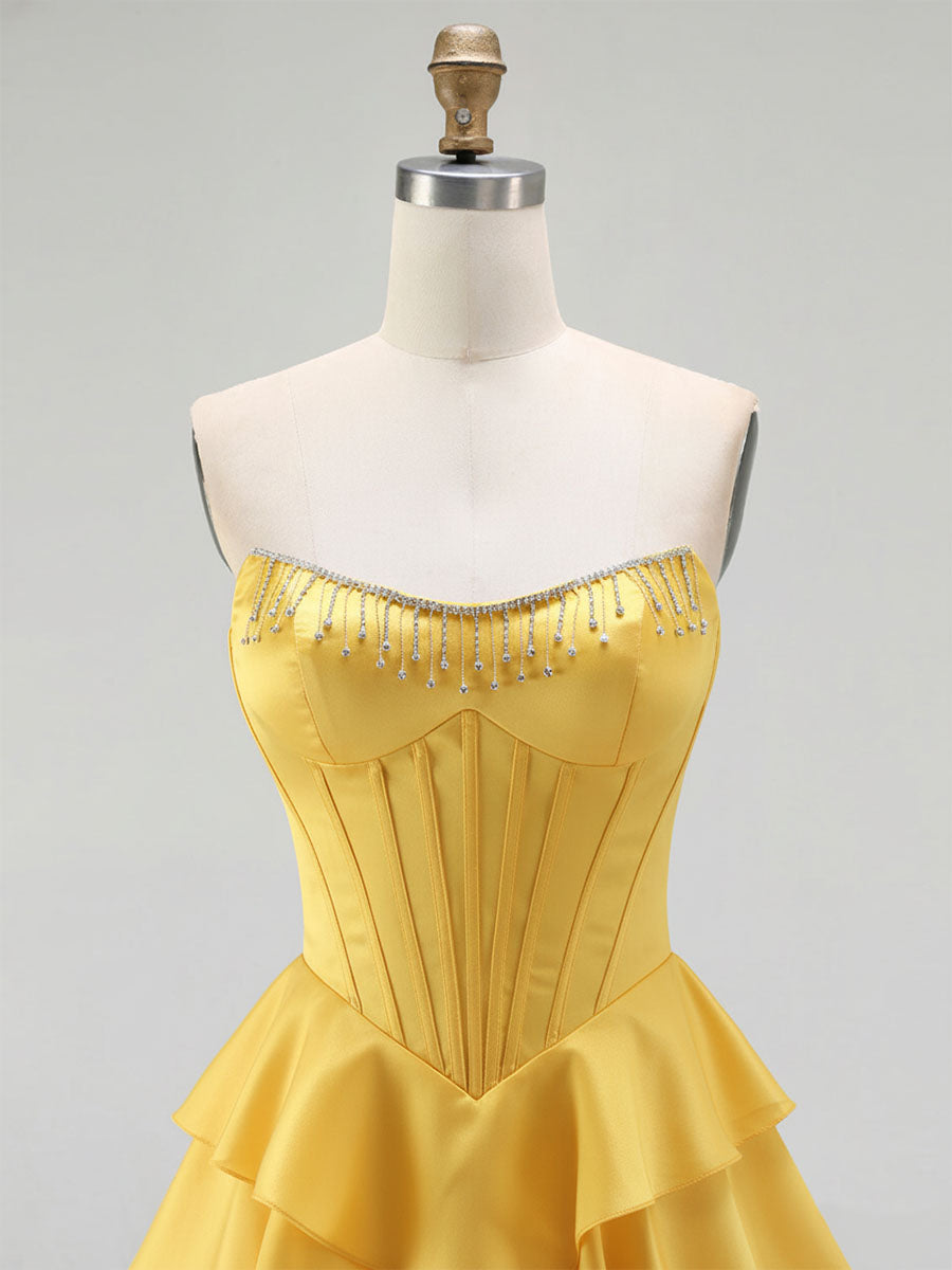 Strapless Tiered Ruffle Corset Prom Dress with Beaded Fringe