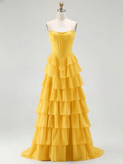 Strapless Tiered Ruffle Corset Prom Dress with Beaded Fringe