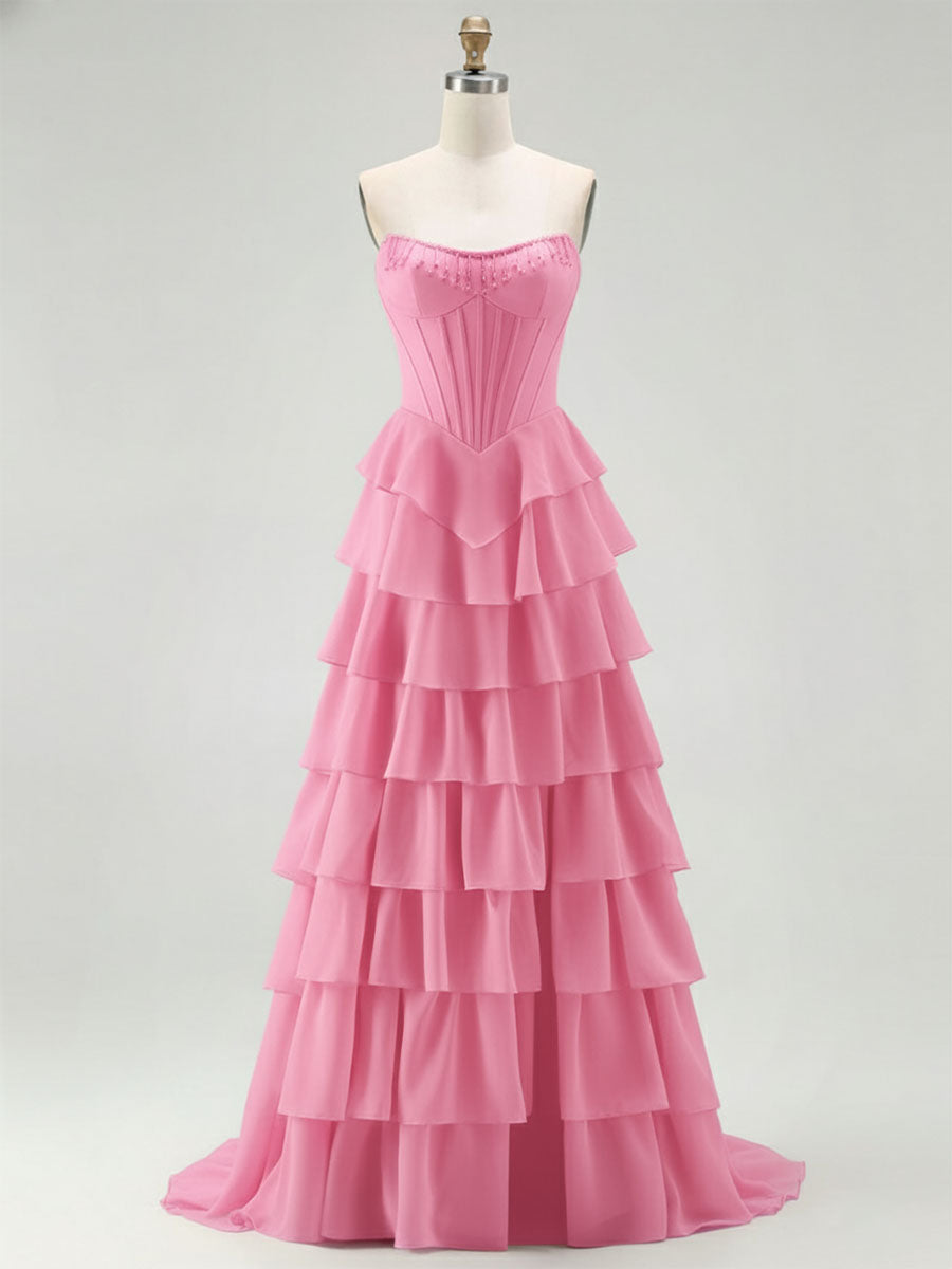 Strapless Tiered Ruffle Corset Prom Dress with Beaded Fringe