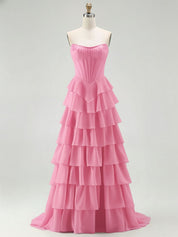 Strapless Tiered Ruffle Corset Prom Dress with Beaded Fringe