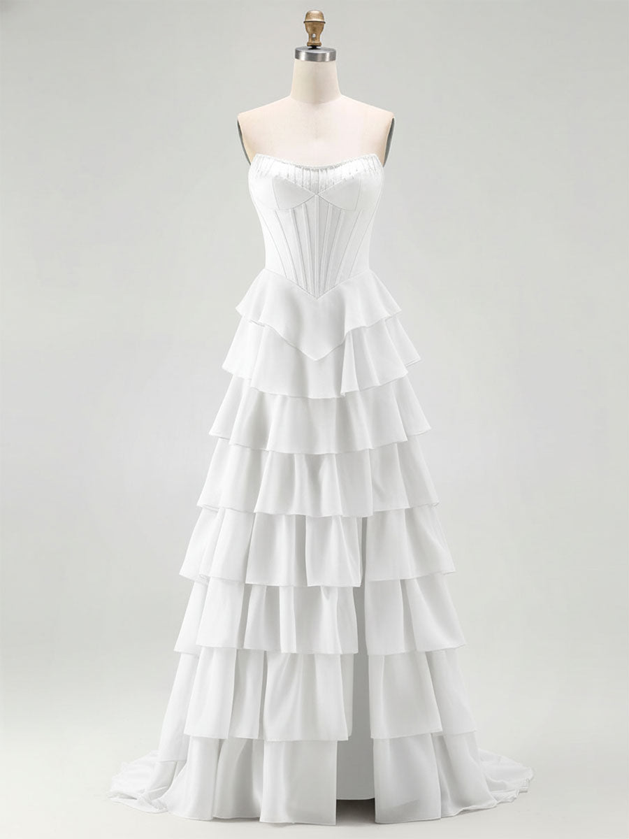 Strapless Tiered Ruffle Corset Prom Dress with Beaded Fringe