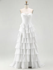 Strapless Tiered Ruffle Corset Prom Dress with Beaded Fringe