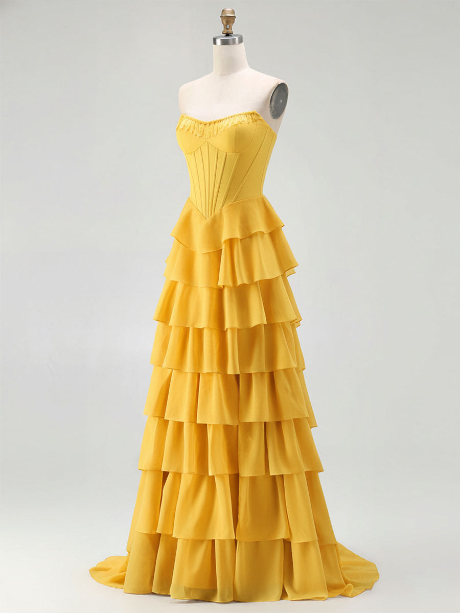 Strapless Tiered Ruffle Corset Prom Dress with Beaded Fringe