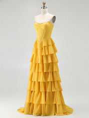 Strapless Tiered Ruffle Corset Prom Dress with Beaded Fringe