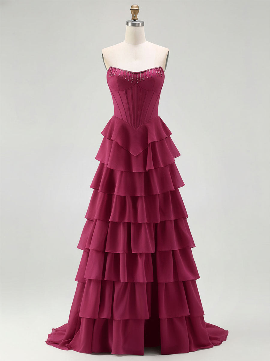 Strapless Tiered Ruffle Corset Prom Dress with Beaded Fringe