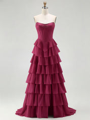 Strapless Tiered Ruffle Corset Prom Dress with Beaded Fringe