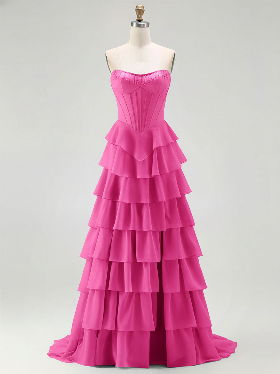 Strapless Tiered Ruffle Corset Prom Dress with Beaded Fringe