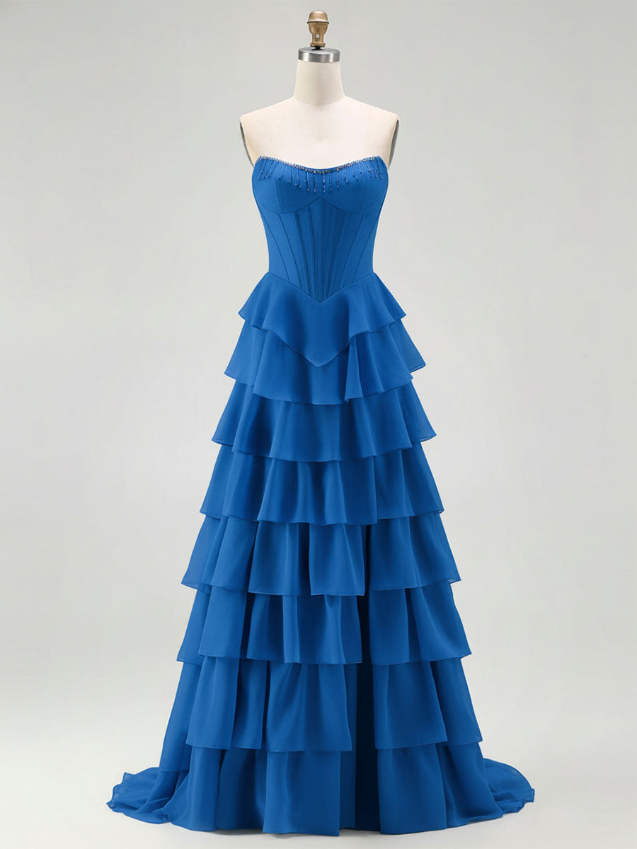 Strapless Tiered Ruffle Corset Prom Dress with Beaded Fringe