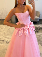 Strapless Tulle Long Prom Dress with Statement Bow-Waist