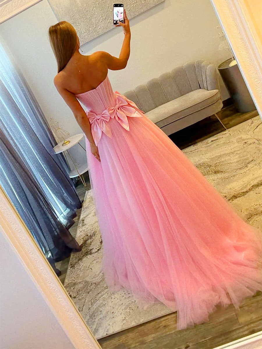 Strapless Tulle Long Prom Dress with Statement Bow-Waist