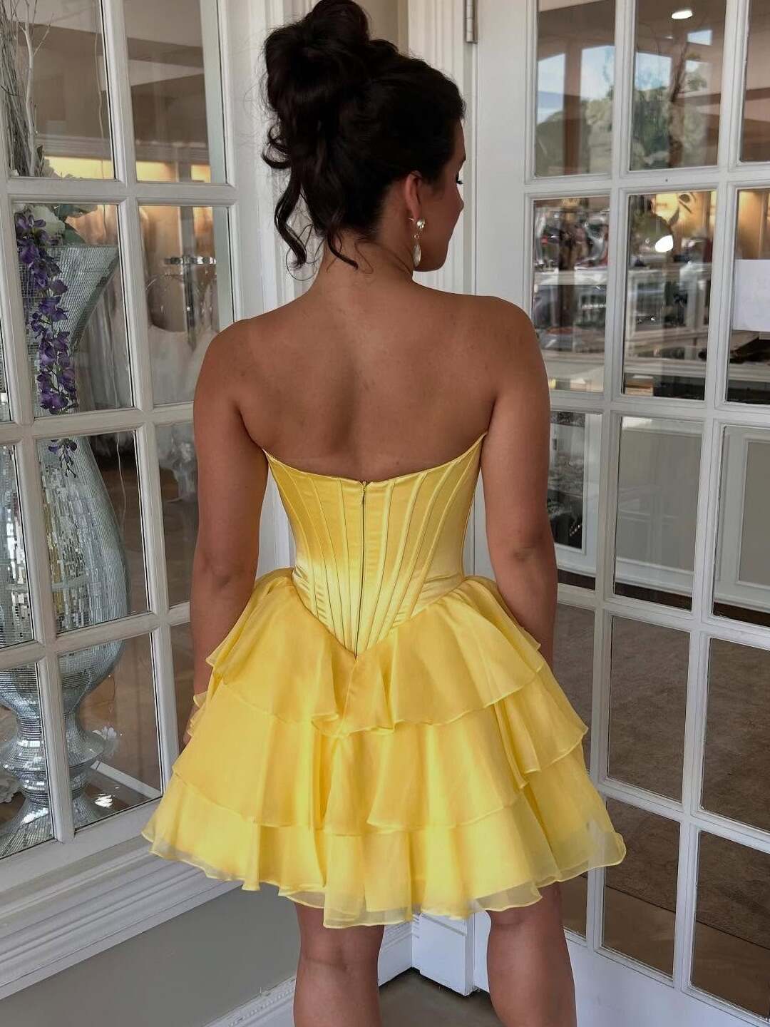StraplessYellowAppliquesNeckTieredShorthomecomingDress