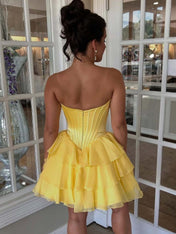 StraplessYellowAppliquesNeckTieredShorthomecomingDress