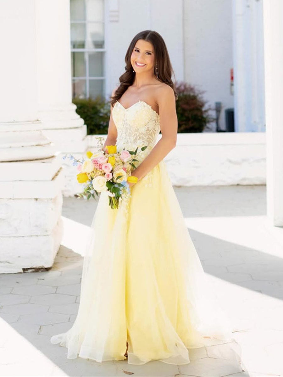 Strapless Lace Appliques Long Prom Dress with Slit