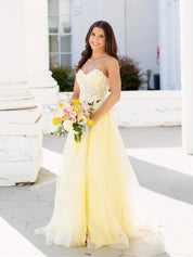 Strapless Lace Appliques Long Prom Dress with Slit