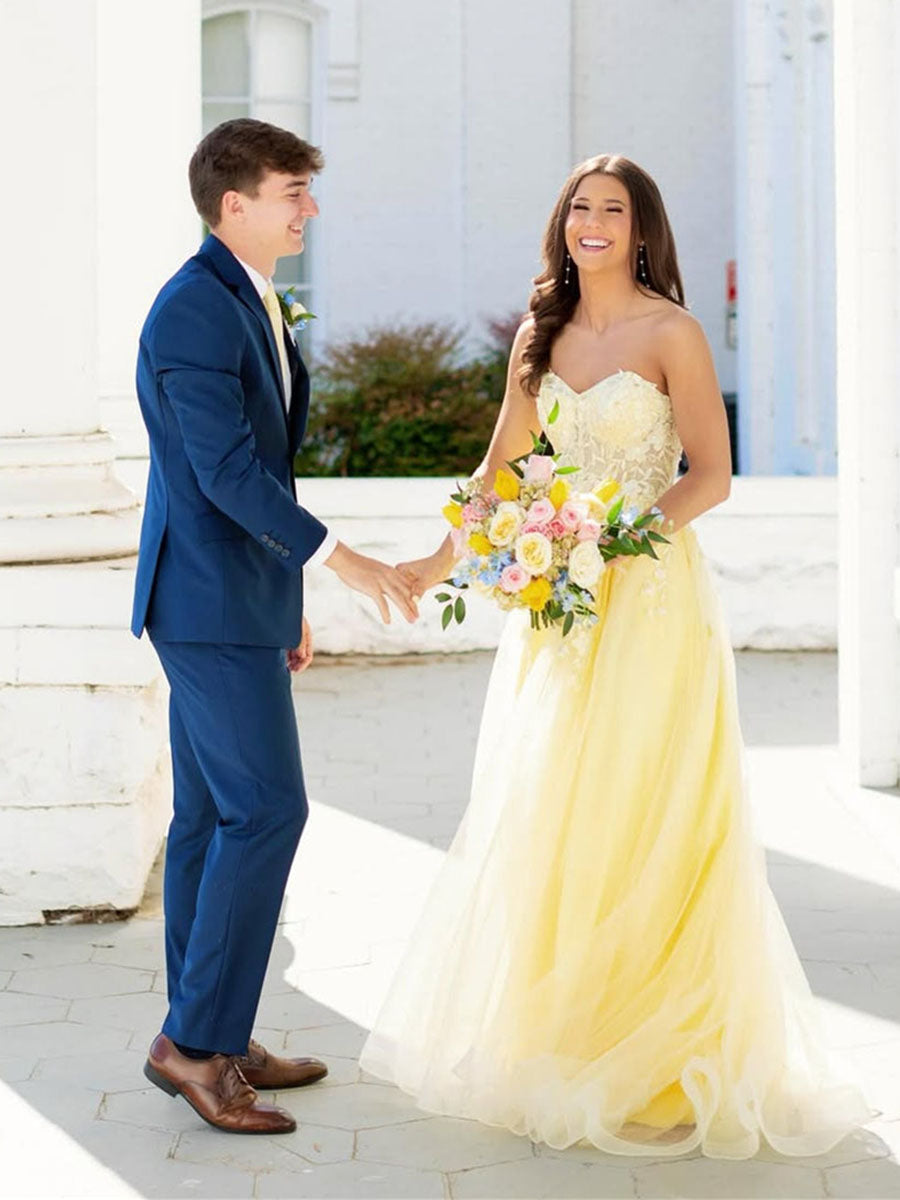 Strapless Lace Appliques Long Prom Dress with Slit