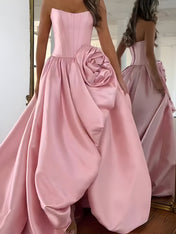 Strapless 3D Flower Prom Dresses for Women High Slit Satin Formal Dress