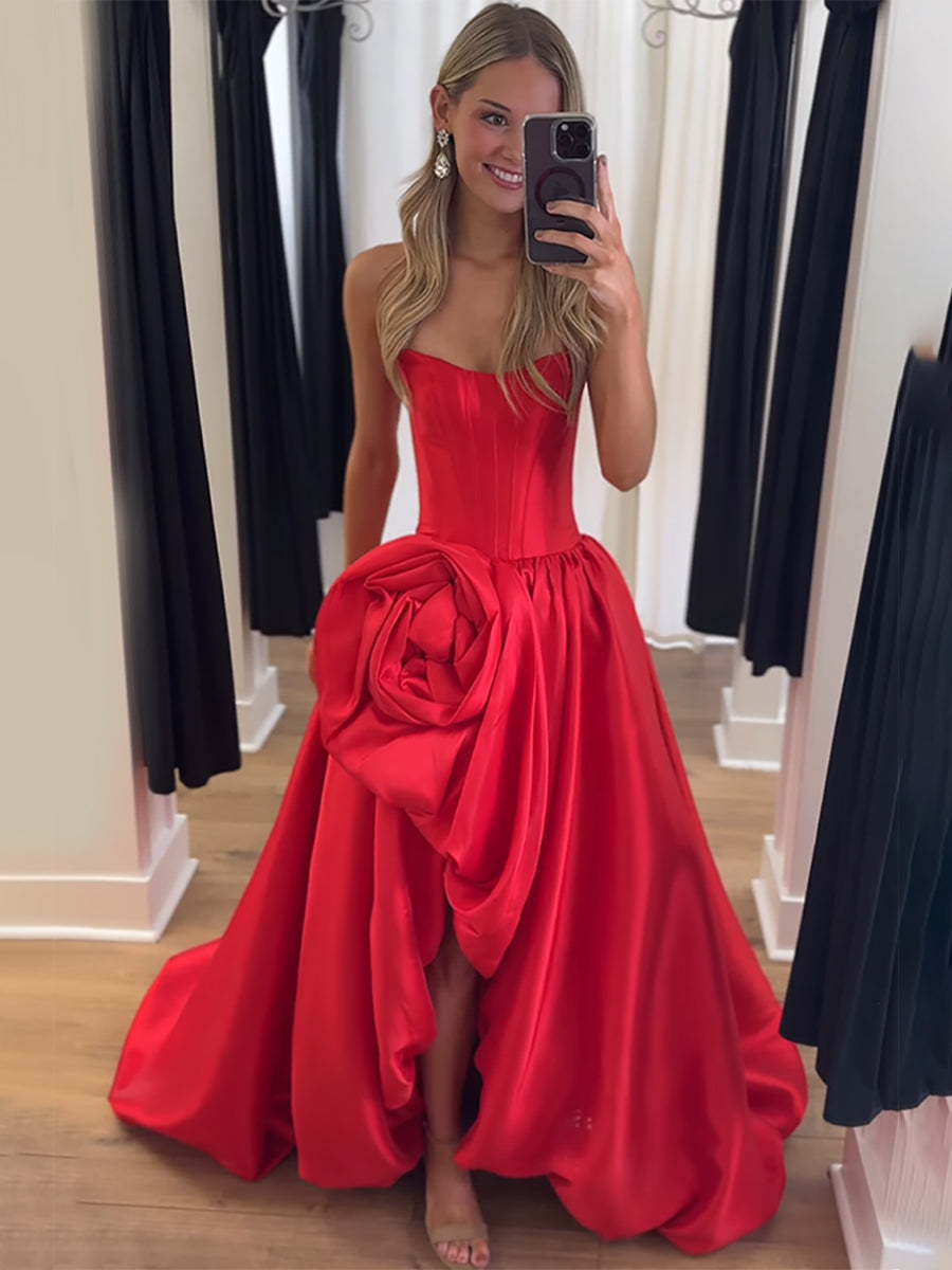 Strapless 3D Flower Prom Dresses for Women High Slit Satin Formal Dress