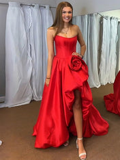 Strapless 3D Flower Prom Dresses for Women High Slit Satin Formal Dress