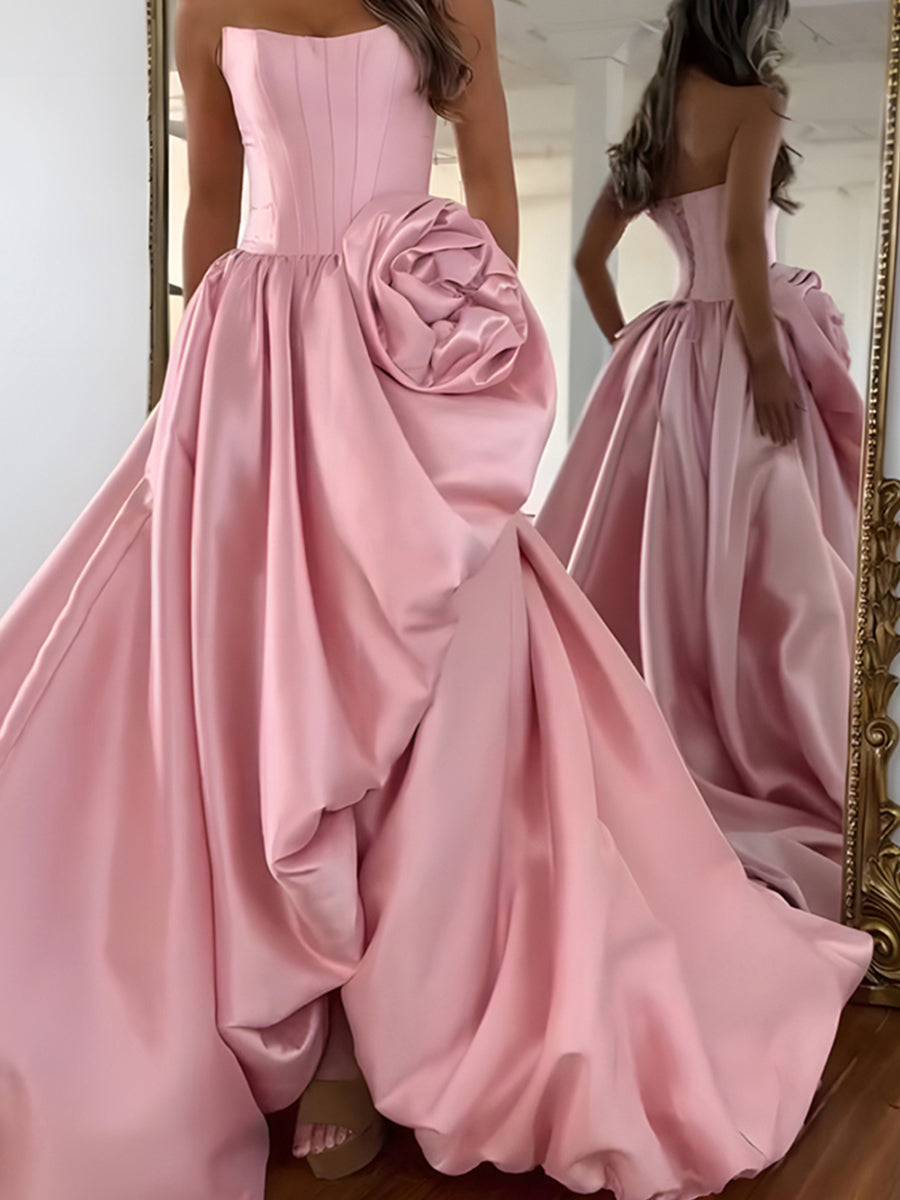 Strapless 3D Flower Prom Dresses for Women High Slit Satin Formal Dress