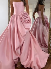 Strapless 3D Flower Prom Dresses for Women High Slit Satin Formal Dress