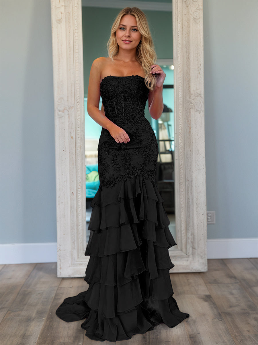 Strapless Applique Ruffle Mermaid Long Prom Dress with Slit