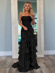 Strapless Applique Ruffle Mermaid Long Prom Dress with Slit