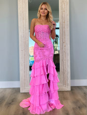 Strapless Applique Ruffle Mermaid Long Prom Dress with Slit