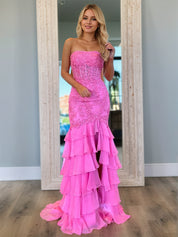 Strapless Applique Ruffle Mermaid Long Prom Dress with Slit