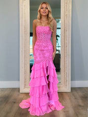 Strapless Applique Ruffle Mermaid Long Prom Dress with Slit