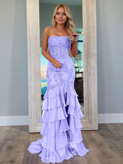 Strapless Applique Ruffle Mermaid Long Prom Dress with Slit