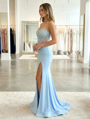 Hot Pink Strapless Beaded Corset Prom Dress with Slit