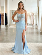 Hot Pink Strapless Beaded Corset Prom Dress with Slit