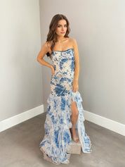 Strapless Beaded Ruffle Tiered Mermaid Prom Dress with Slit