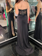 Strapless Floral Mermaid Satin Long Prom Dress with Slit