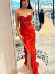 Strapless Floral Mermaid Satin Long Prom Dress with Slit