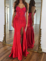 Navy Blue Strapless Sequin Prom Dress with Linear Beading