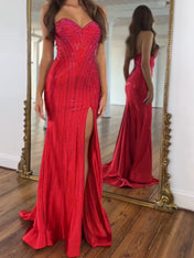 Navy Blue Strapless Sequin Prom Dress with Linear Beading