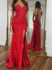 Navy Blue Strapless Sequin Prom Dress with Linear Beading