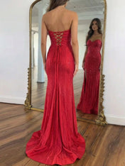 Navy Blue Strapless Sequin Prom Dress with Linear Beading