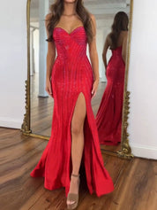 Navy Blue Strapless Sequin Prom Dress with Linear Beading