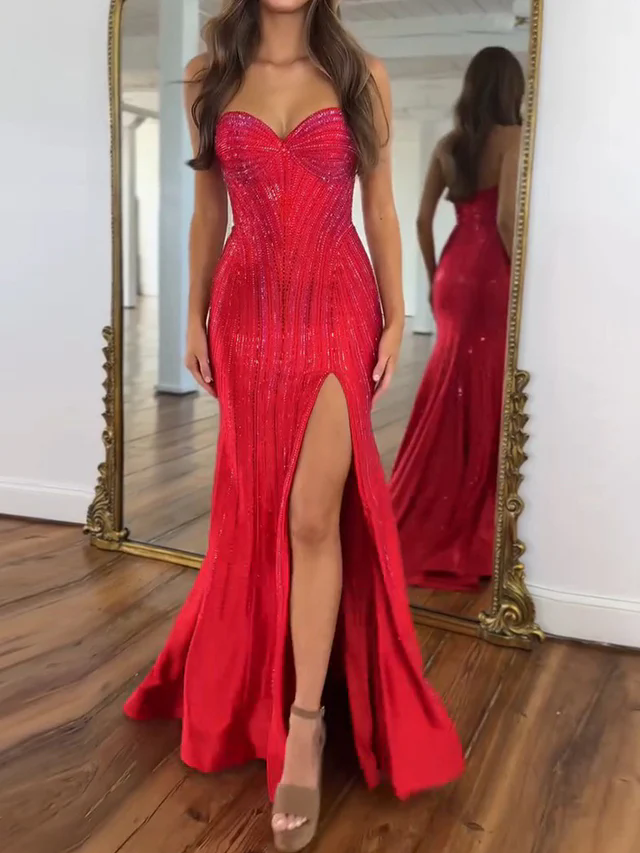 Navy Blue Strapless Sequin Prom Dress with Linear Beading