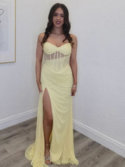 Strapless Sheer Corset Bodice Prom Gown with High Slit