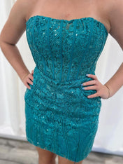 Strapless Turquoise Appliques Bodycon Short Homecoming Dress